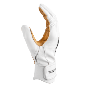 Side view of a white and tan leather glove with "BRUCE" logo on the wrist strap.
