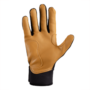 Front view of a tan leather glove with black fabric accents and a black elastic cuff.