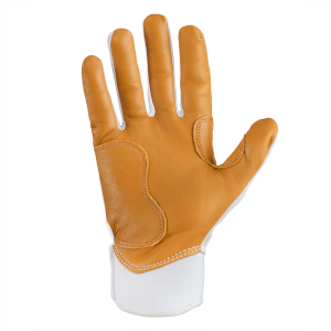 Palm view of a brown leather work glove with white fabric cuff and white stitching.