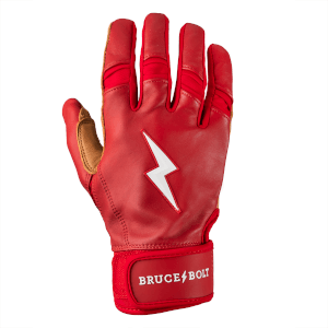 Front view of a red batting glove featuring a white lightning bolt logo and "BRUCE BOLT" text.
