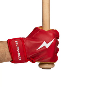 Front view of a red batting glove with a white lightning bolt logo and "BRUCE BOLT" text, gripping a wooden baseball bat.