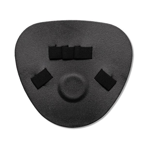 Back view showing three elastic straps and a central concave area on the textured black pad.