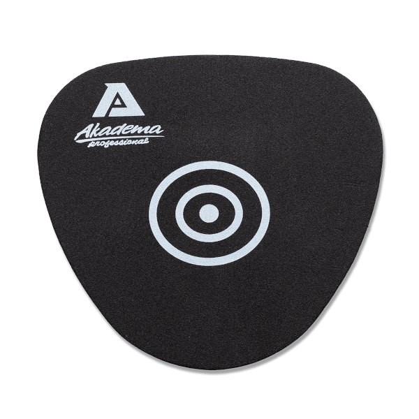 Front view of a black triangular pad with white "Akadema professional" logo and concentric circles.