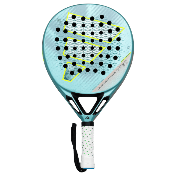 Front view of a teal padel racket with a yellow "F" shape and black dots, featuring "CARBON ALUMINIZED 24K" text.