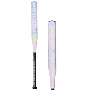 Front view of a pink baseball bat with blue scrollwork, displaying "ZENITH" and green accents.