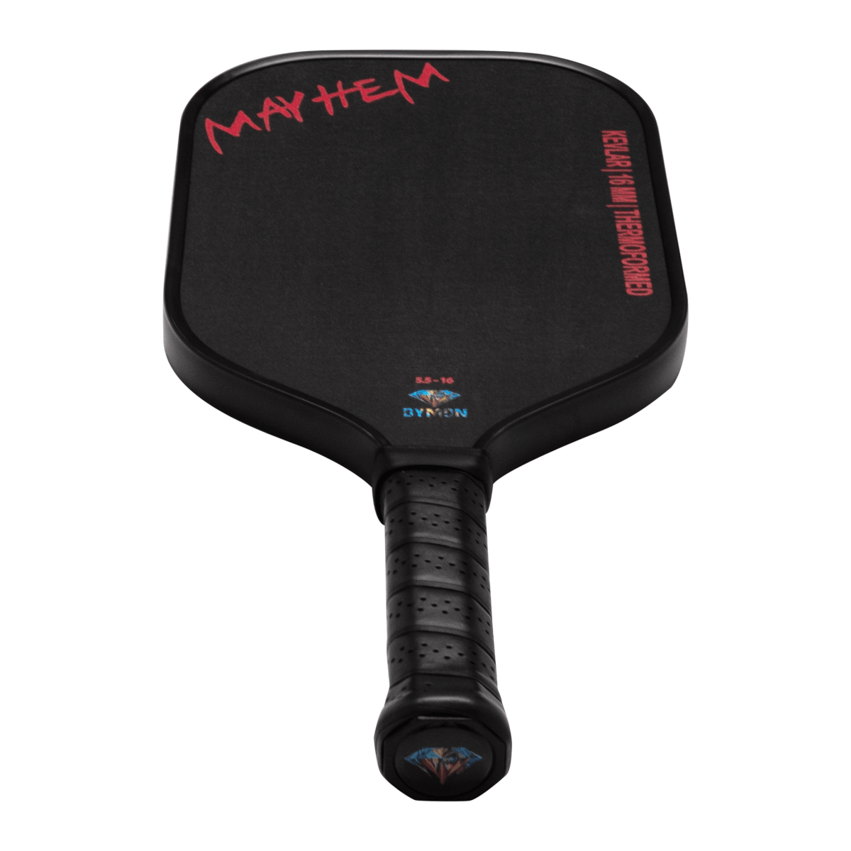 Front view of a black pickleball paddle with red "MAYHEM" text, "DYMON" logo, and "KEVLAR|16 MM THERMOFORMED" text.