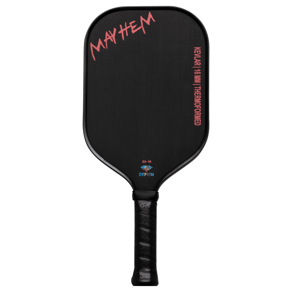 Front view of a black Dymon Mayhem pickleball paddle with pink "MAYHEM" text and "DYMON" logo.