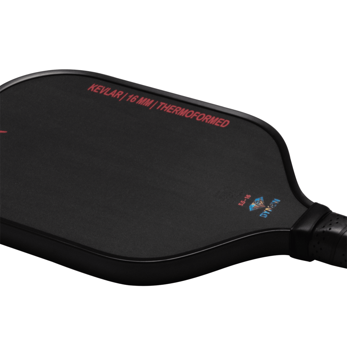 Corner view of a black Dymon Mayhem paddle, showing "KEVLAR | 16 MM | THERMOFORMED" and the Dymon logo.