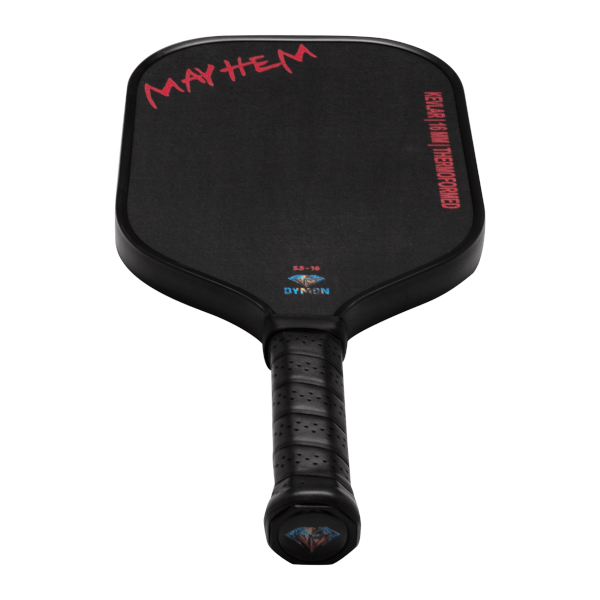 Front view of a black pickleball paddle with red "MAYHEM" text, "DYMON" logo, and "KEVLAR|16 MM THERMOFORMED" text.