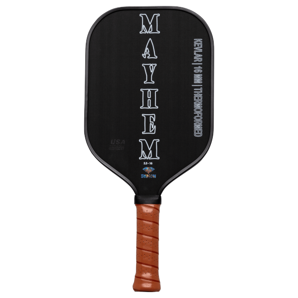 Front view of a black Dymon Mayhem paddle with white lettering, showing "MAYHEM" vertically and "KEVLAR | 16 MM | THERMOFORMED" horizontally.