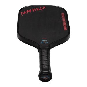 Top-down view of a black pickleball paddle with red "MAYHEM" text, and "KEVLAR | 16 MM THERMOFORMED" on the side.