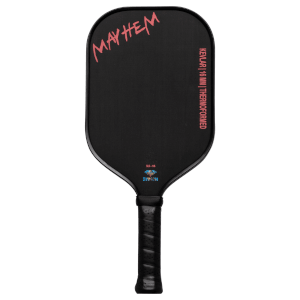 Front view of a black Dymon Mayhem pickleball paddle with pink "MAYHEM" text and "DYMON" logo.
