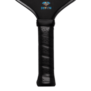Top-down view of the Dymon Mayhem paddle handle with a black grip and the Dymon logo.