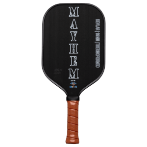 Front view of a black Dymon Mayhem paddle with white lettering, showing "MAYHEM" vertically and "KEVLAR | 16 MM | THERMOFORMED" horizontally.