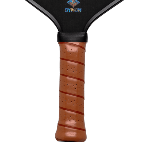 Close-up of the handle and neck of a Dymon Mayhem paddle, showing the brown perforated grip with red spiral tape and the DYMON logo.