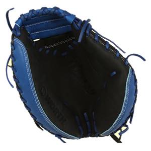 Top-down view of a black and blue catchers mitt with white stitching and WORTH logo.