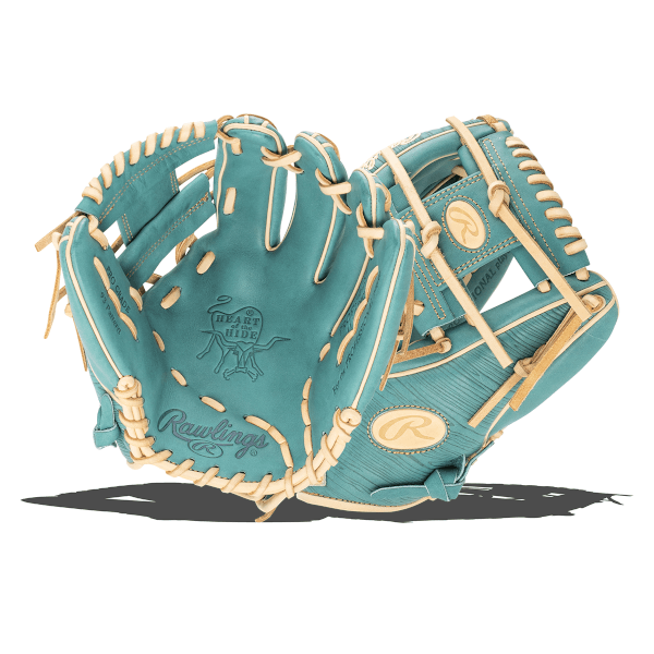 Front view of a teal Rawlings baseball glove with tan lacing, showing the "HEART of the HIDE" logo and "PRO GRADE 93 Pattern" text.
