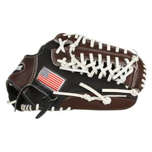 Side view of a black and brown baseball glove with white lacing and an American flag patch.