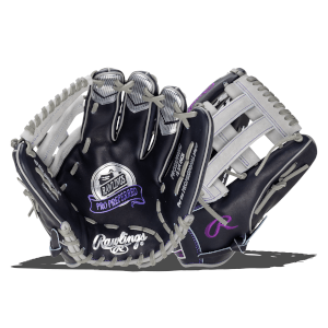 Front view of a navy and white Rawlings Pro Preferred baseball glove with purple accents and "PRO PREFERRED" lettering.