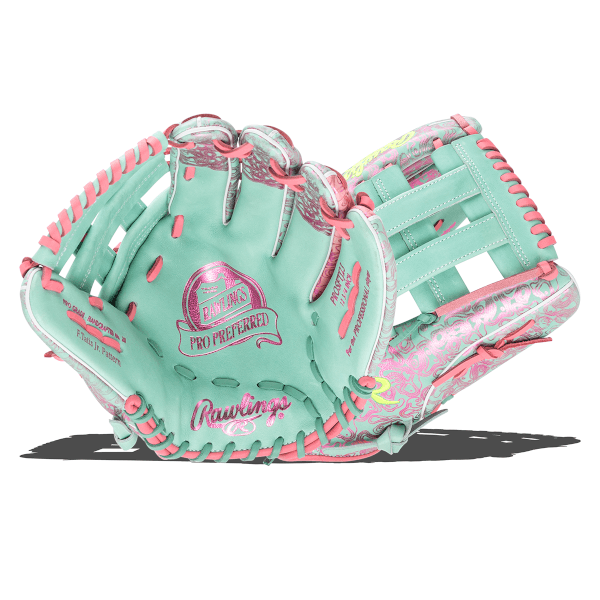 Front view of a mint green Rawlings baseball glove with pink lacing and ornate silver and pink patterns.
