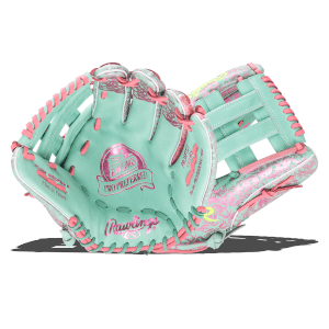 Front view of a mint green Rawlings baseball glove with pink lacing and ornate silver and pink patterns.