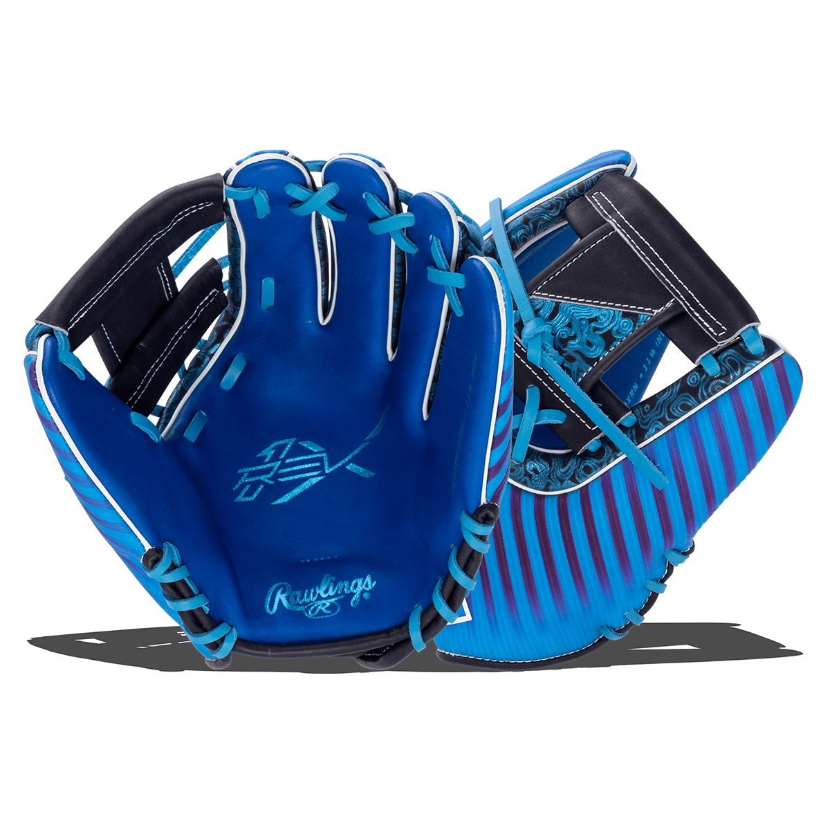 Front view of a bright blue baseball glove with "Rawlings" stitched in script and a graphic logo.