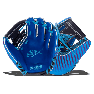 Front view of a bright blue baseball glove with "Rawlings" stitched in script and a graphic logo.