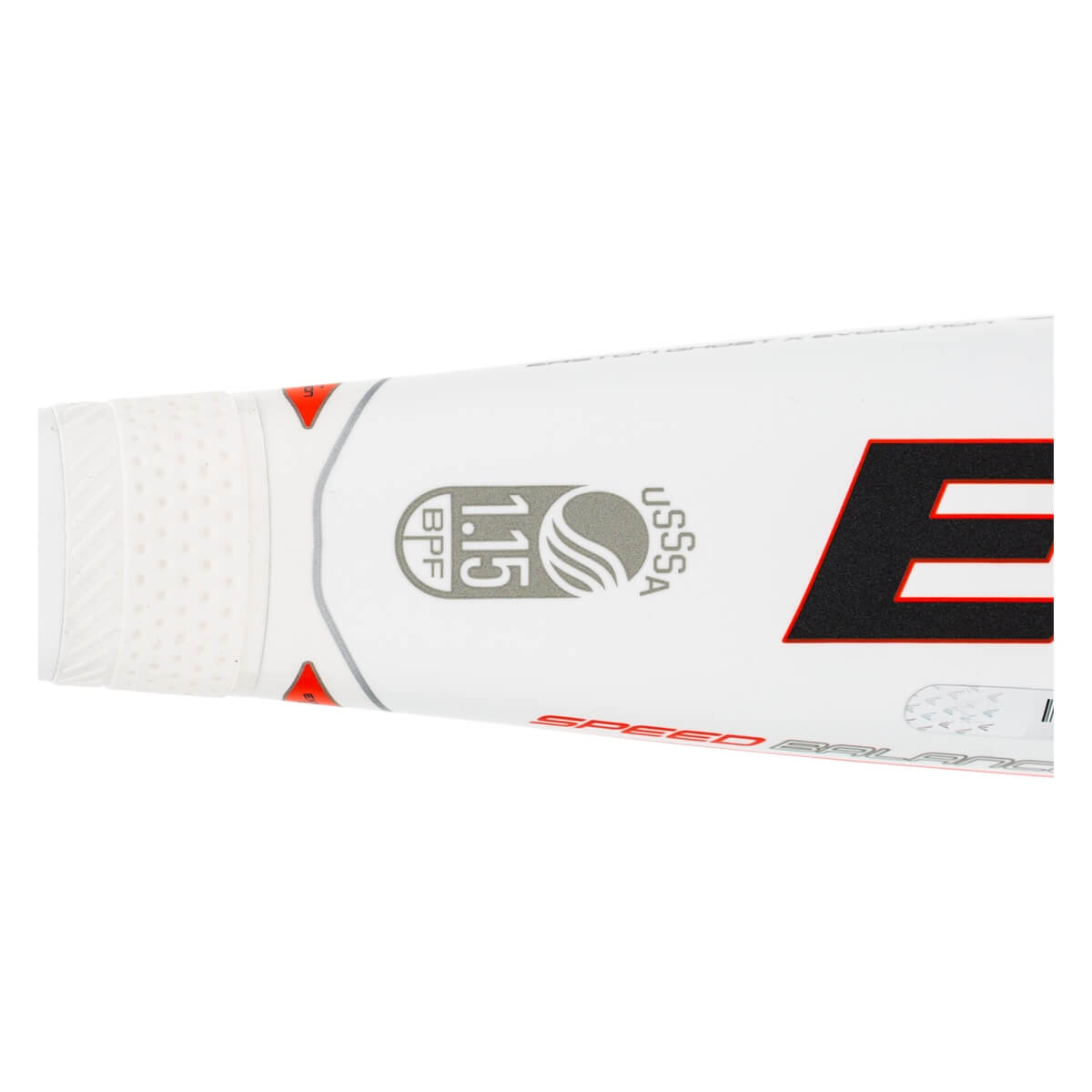 Side view of a white baseball bat with a textured grip, 1.15 BPF USSSA logo, and a large red E.