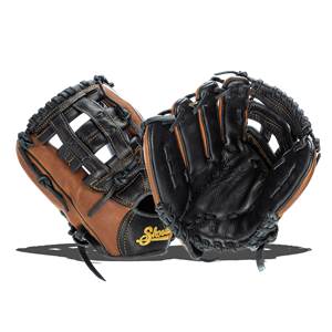 Two-thirds view of brown and black baseball gloves with Shoe logo and detailed lacing.