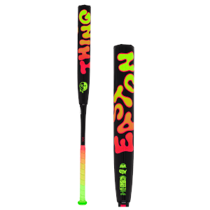 Front view of a black baseball bat with neon "GRIM" text and a melting face logo.