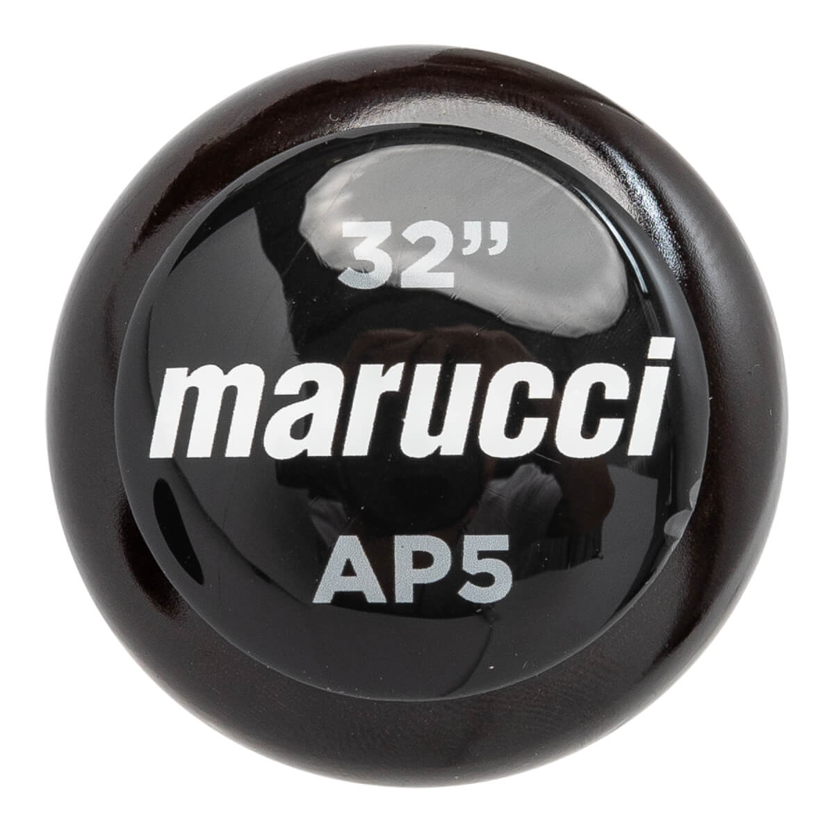 End view of a dark brown Marucci AP5 baseball bat with 32 and AP5 text.