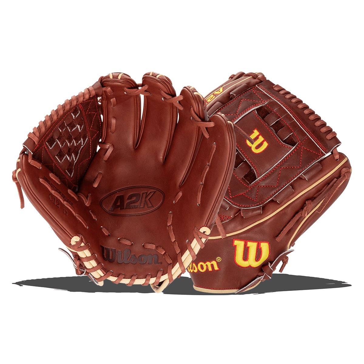 Front view of a brown leather baseball glove with "A2K" and "Wilson" logos, and a yellow "W" on the other glove.