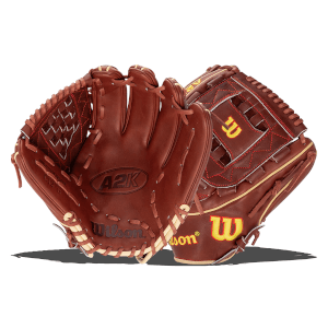 Front view of a brown leather baseball glove with "A2K" and "Wilson" logos, and a yellow "W" on the other glove.