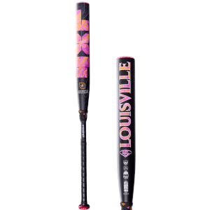 Full profile of a Louisville baseball bat featuring a pink and orange abstract pattern, the word "LYTE," and certification logos.