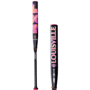 Side view of a Louisville Slugger bat featuring pink, orange, and black swirls and "Louisville" text.
