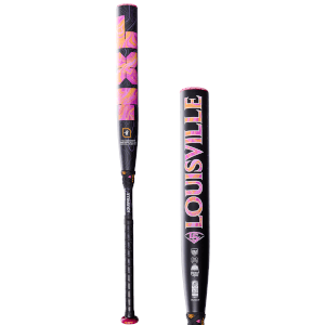 Full view of a Louisville bat, showing the Louisville logo vertically, a "-8" indicator, and a pink and orange marble pattern.