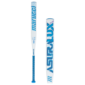Side view of a white and blue Marucci baseball bat with "MARUCCI" and "ASTRALUX" text.