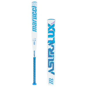 Front view of a white and blue baseball bat with "MARUCCI" and "ASIRALUX" logos, and a blue grip.