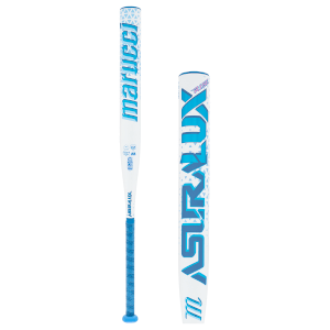 Front view of a white Marucci baseball bat with blue lettering, "ASIRALUX," and a blue grip.