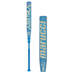 Front view of a blue Marucci baseball bat with "RISE ASTRO" text and a patterned grip.