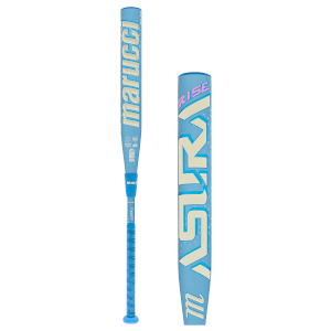 Front view of a blue Marucci baseball bat with white "RISE" and "FURY" graphics, showing the "120" marking.
