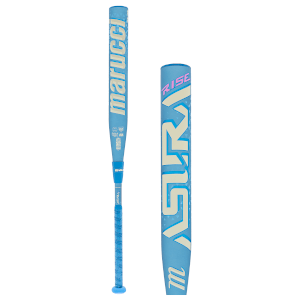 Front view of a blue Marucci "ASTRA" softball bat, showing the "marucci" logo, grip, and "RISE" text.