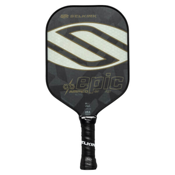 Front view of a black Selkirk pickleball paddle with a large white S graphic, epic text, and black grip.