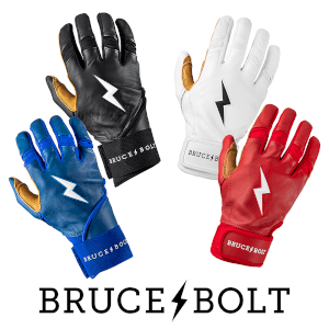Top-down view of four Bruce Bolt batting gloves in black, blue, white, and red, each with a lightning bolt logo.