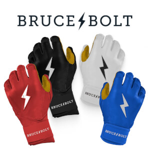 Front view of four baseball gloves: red, black, white, and blue, each with a white lightning bolt logo and yellow accents.