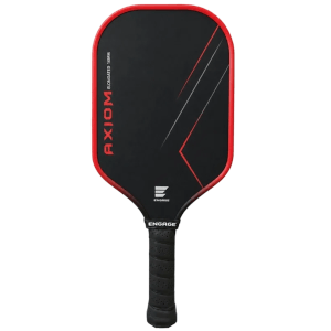 Front view of a black pickleball paddle with red trim, "AXIOM ELONGATED 16MM," and "ENGAGE" branding.