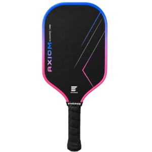 Front view of a black pickleball paddle with pink and blue accents, displaying the "AXIOM" logo and "ENGAGE" branding.