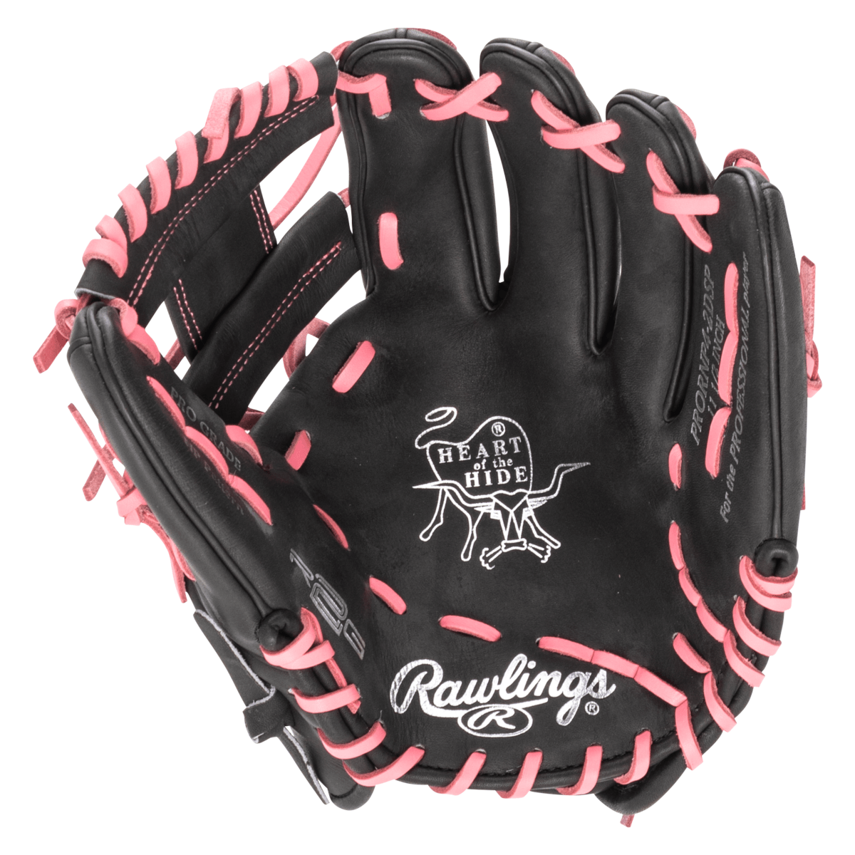 Open view of a black Rawlings baseball glove with pink lacing, showing the "Heart of the Hide" logo and "Rawlings" branding.