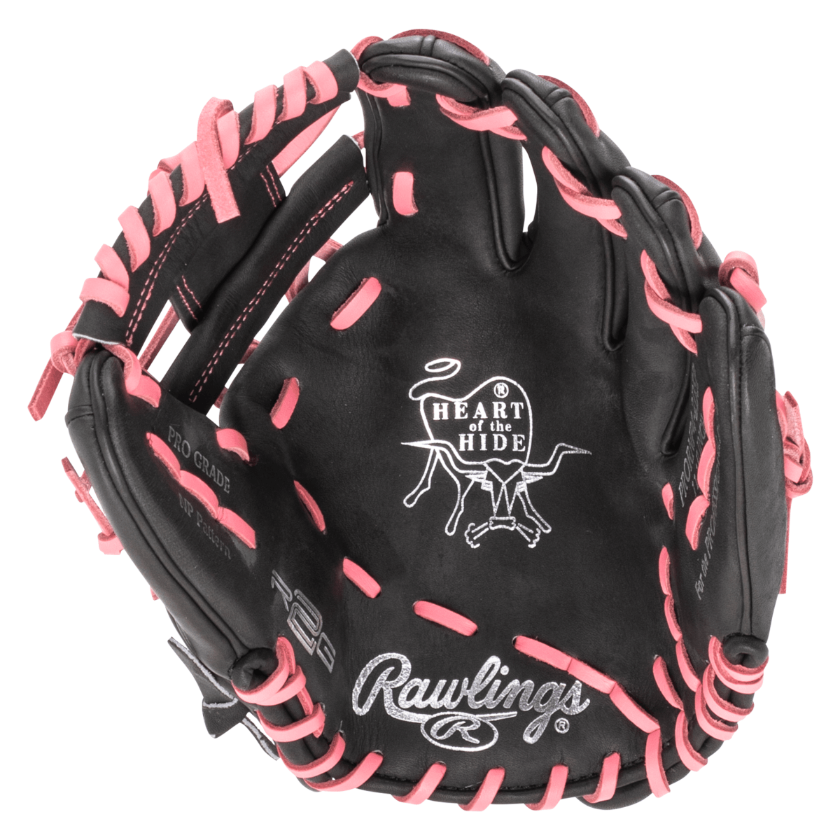 Top-down view of a black baseball glove with pink lacing, featuring "Rawlings" and "HEART OF THE HIDE" logos.