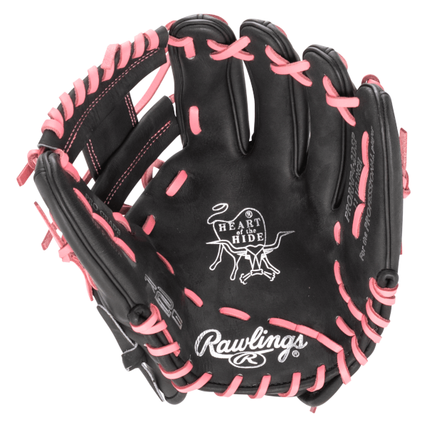 Open view of a black Rawlings baseball glove with pink lacing, showing the "Heart of the Hide" logo and "Rawlings" branding.